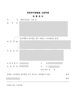이혼조정, 이혼전문변호사, 위자료금액, 위자료청구, 재산분할, 친권자지정, 양육권확보, 양육비청구, 이혼성공사례